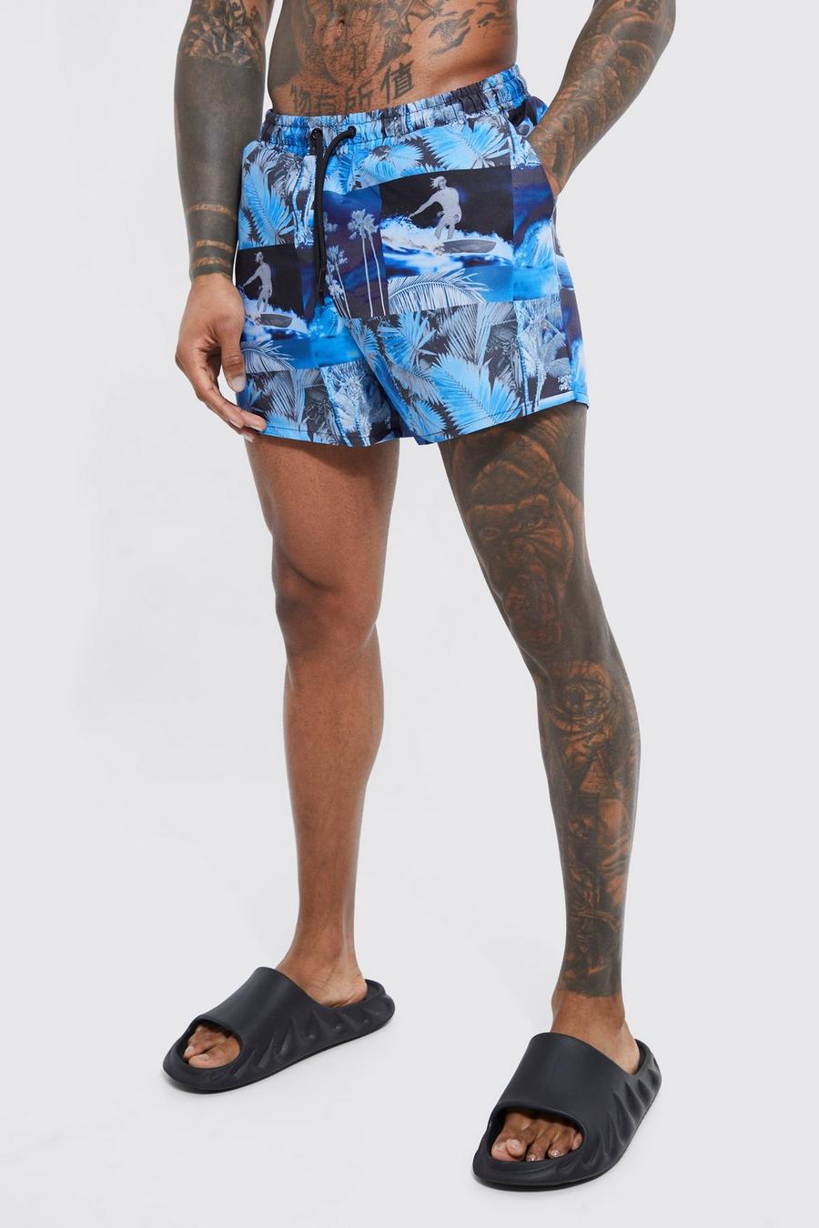 Blue Short Length Photographic Swim Shorts