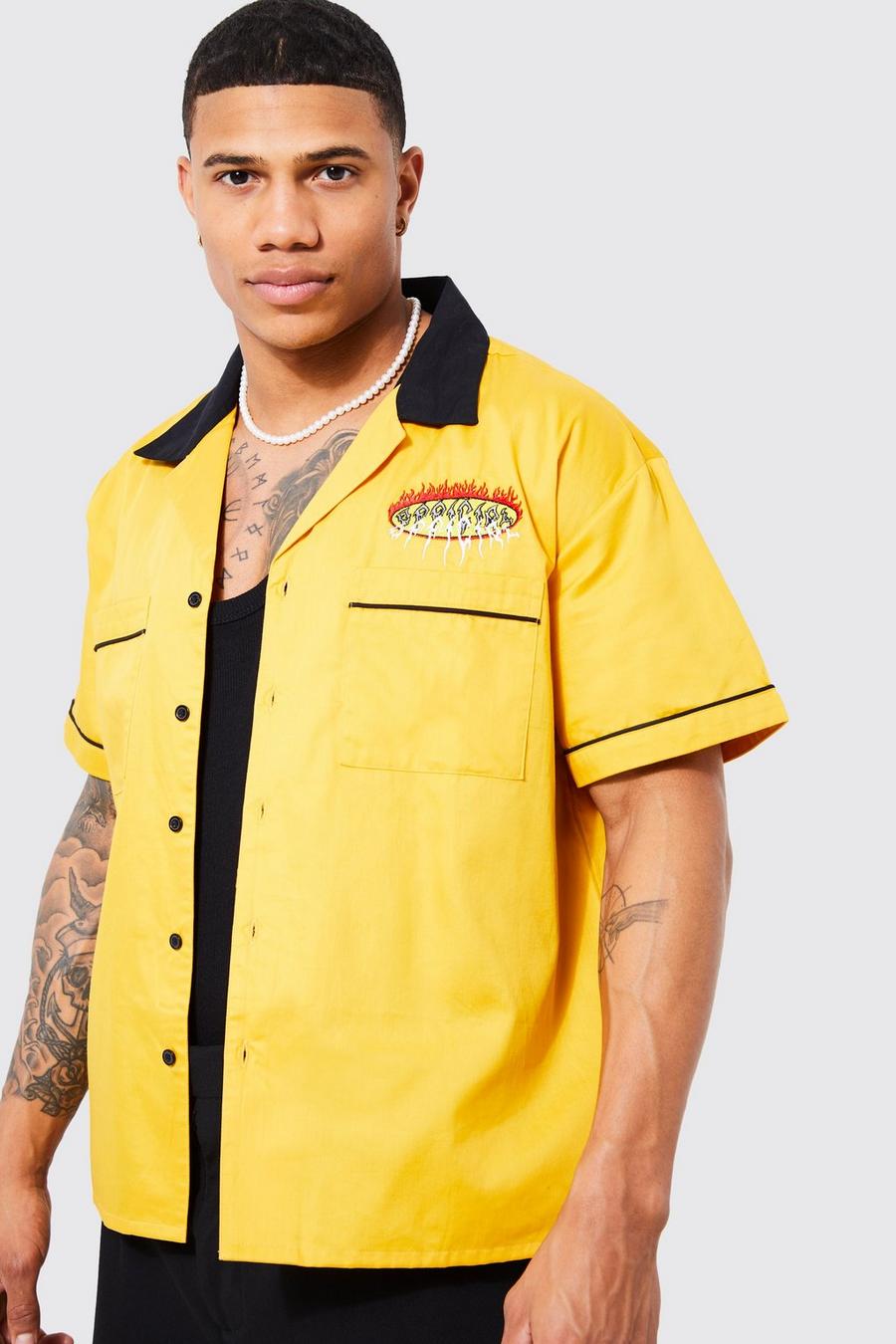 Mustard Boxy Cotton Official Embroidered Shirt image number 1