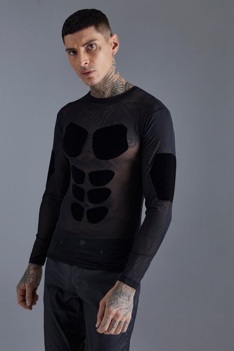 Black Mesh Flock Muscle Graphic Long Sleeve T-shirt image number 1