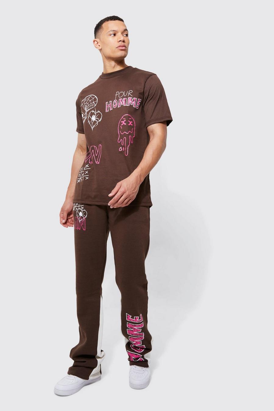 Chocolate brown Tall Graffiti Gusset T-shirt Tracksuit  image number 1
