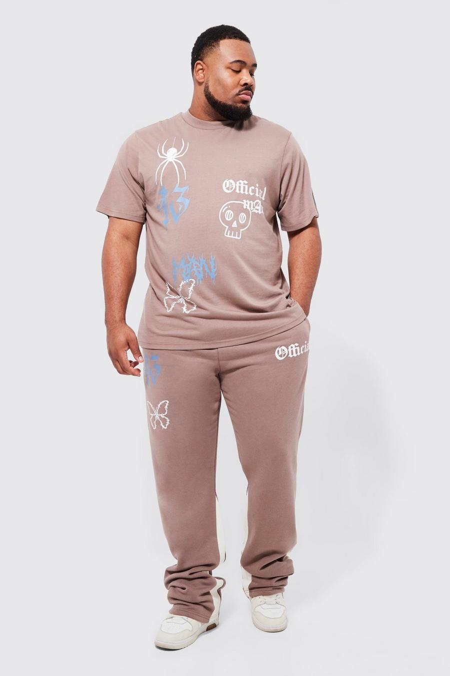 Taupe beige Plus Graffiti Gusset T-shirt Tracksuit image number 1