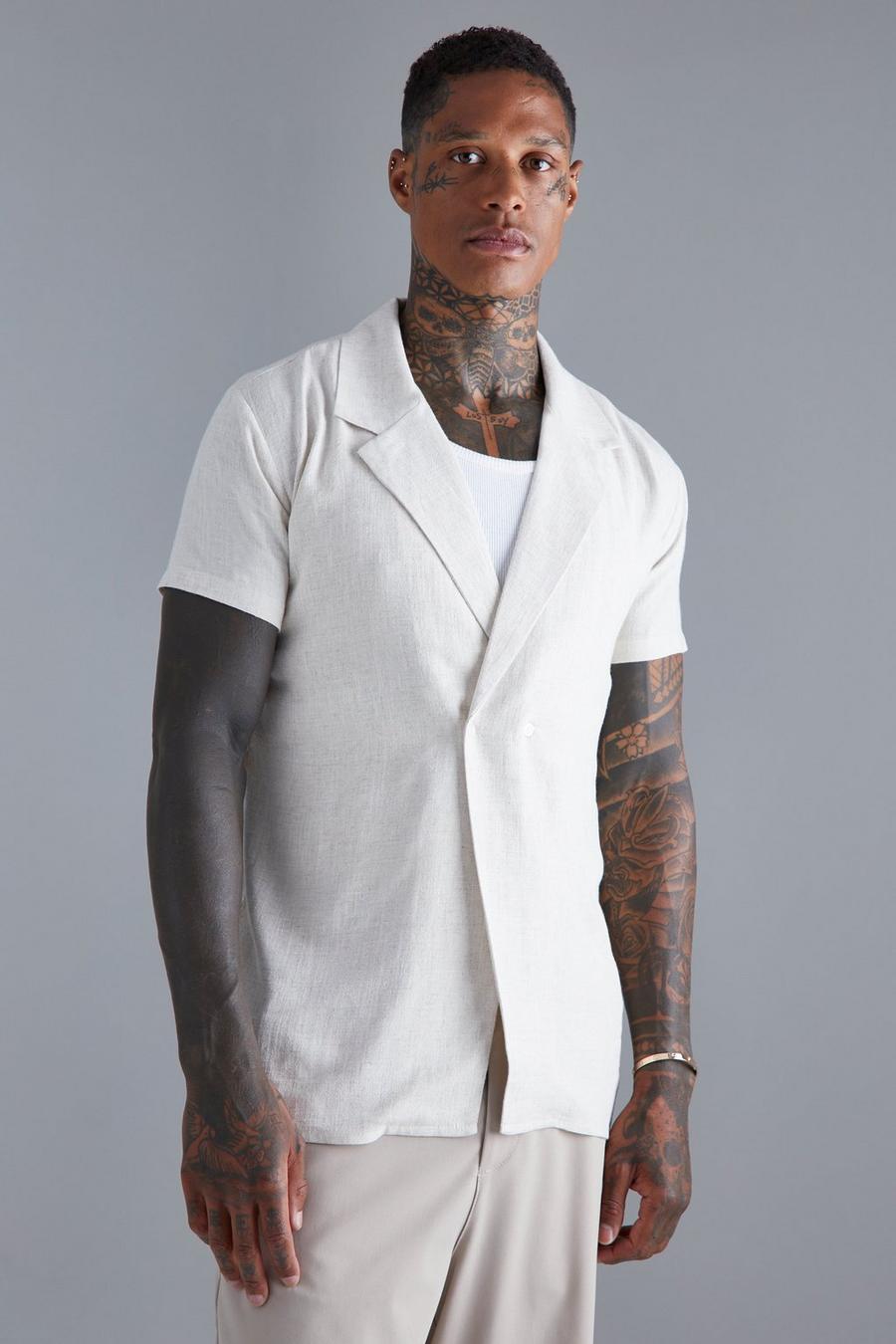 Natural Double Breasted Revere Linen Shirt image number 1
