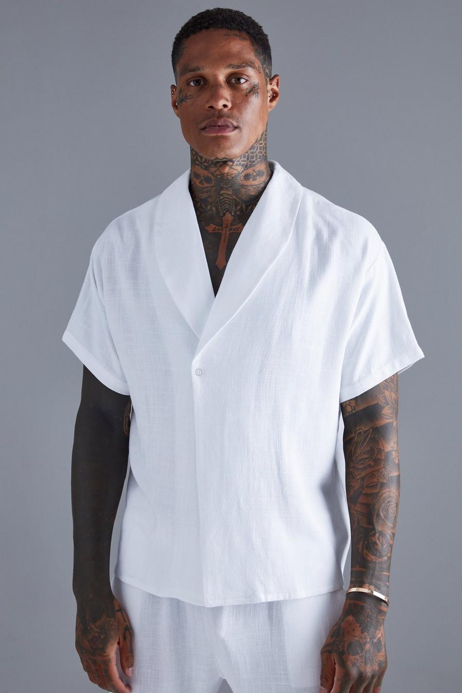 White Short Sleeve Shawl Collar Linen Shirt image number 1
