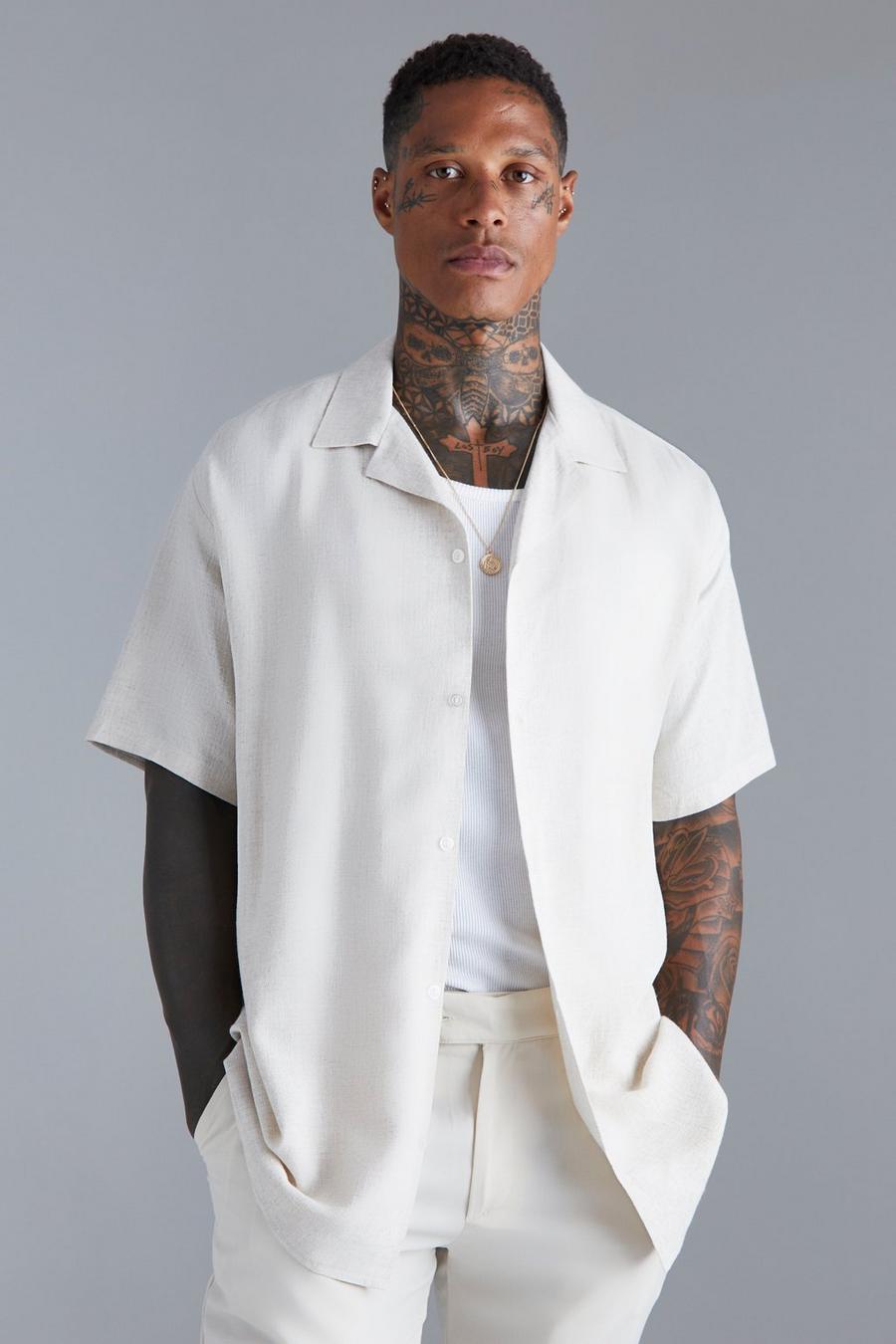 Natural Short Sleeve Oversized Linen Revere Shirt image number 1