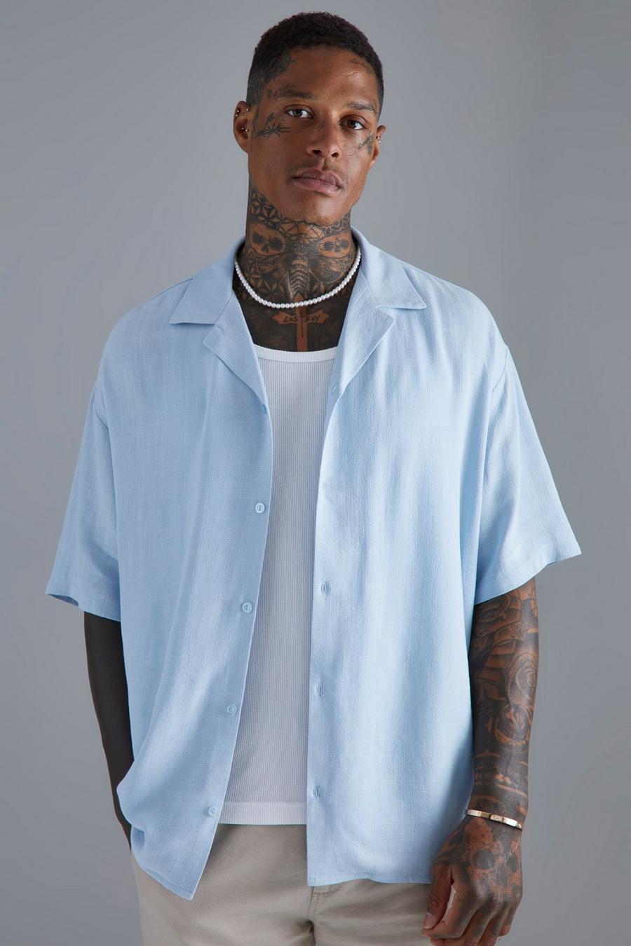 Oversized Boxy Linen Revere Shirt, Pale blue azul