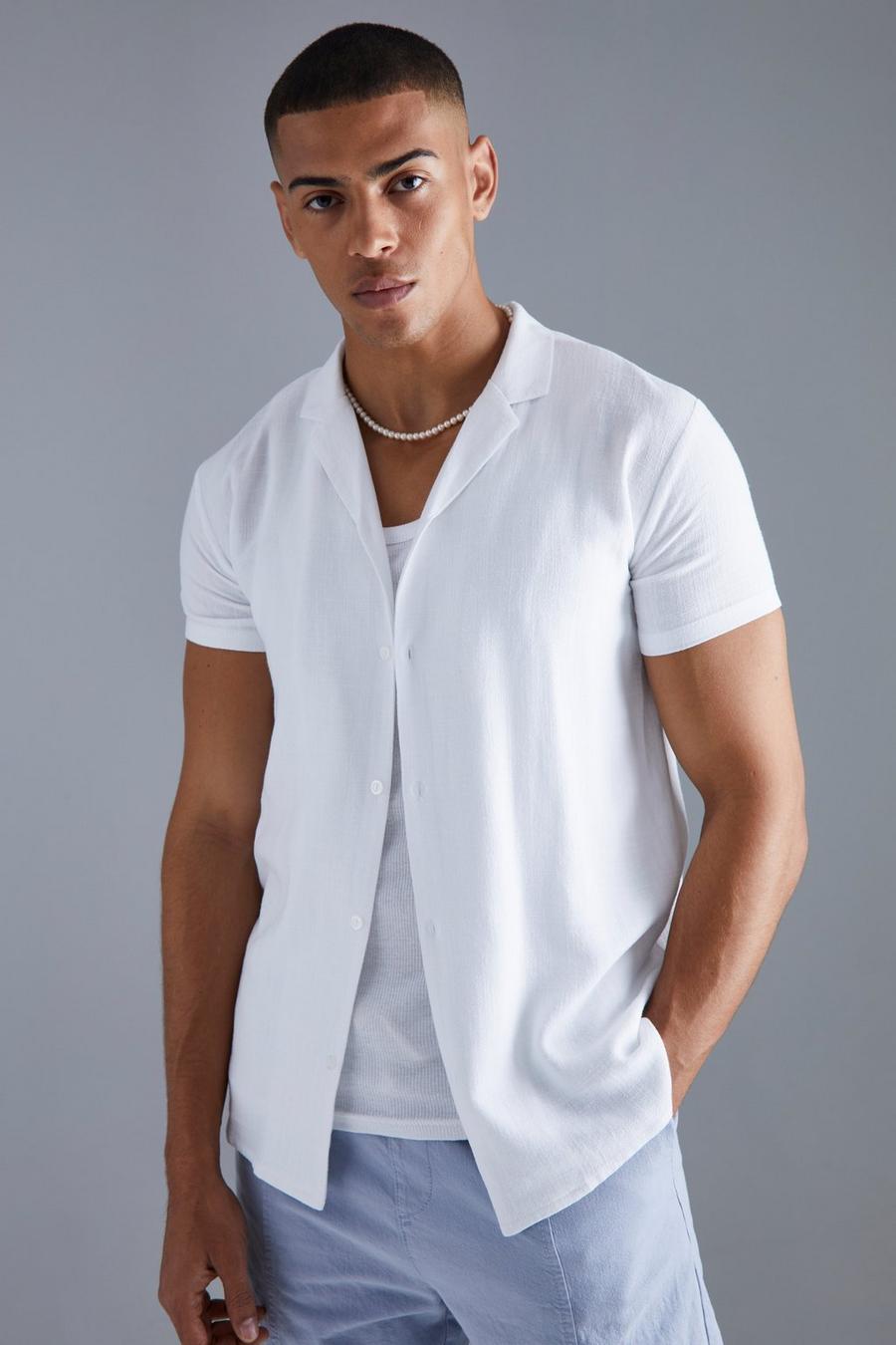 Camicia a maniche corte in lino con rever, White blanco image number 1