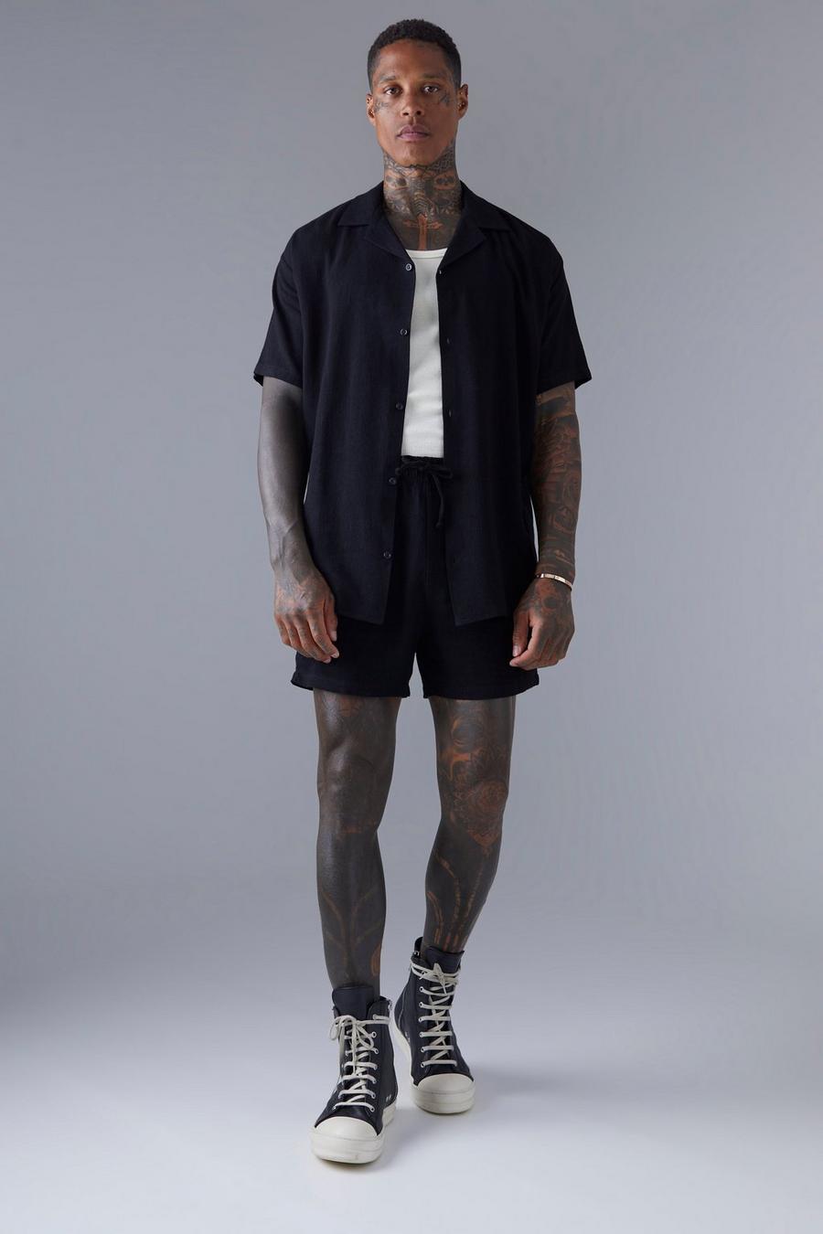 Black Oversized Linen Shirt And Relaxed Short Set image number 1