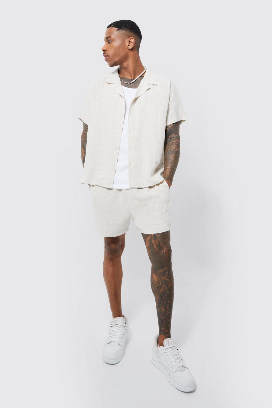 Natural beige Boxy Linen Shirt And Mid Length Short Set image number 1