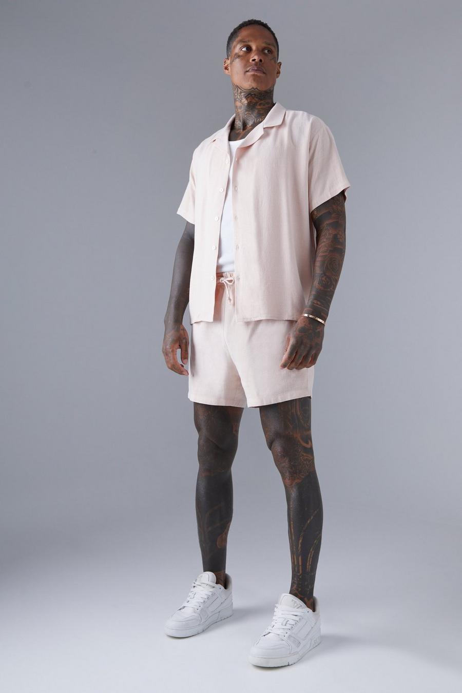 Pale pink Boxy Linen Shirt And Mid Length Short Set image number 1