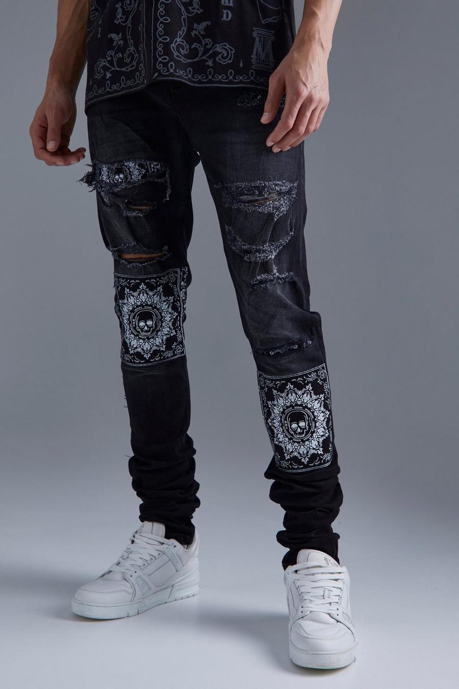 Tall Skinny Stacked Rip & Repair Bandana Jeans , Washed black