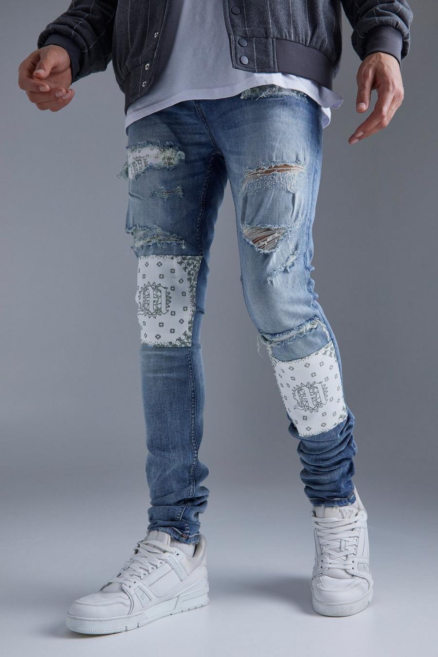 Tall Skinny Stacked Rip & Repair Bandana Jeans, Antique blue