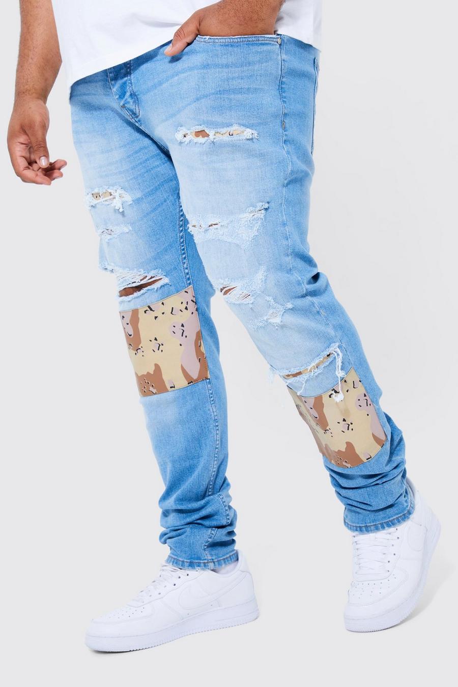 Light blue Plus Skinny Stacked Rip & Repair Camo Jeans image number 1