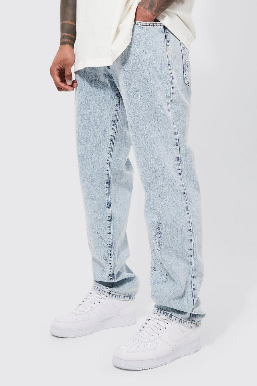 Ice blue Relaxed Rigid Dove Embroidered Jean