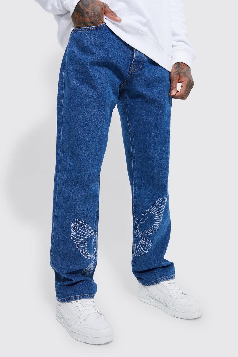 Mid blue blå Relaxed Rigid Dove Embroidered Jean