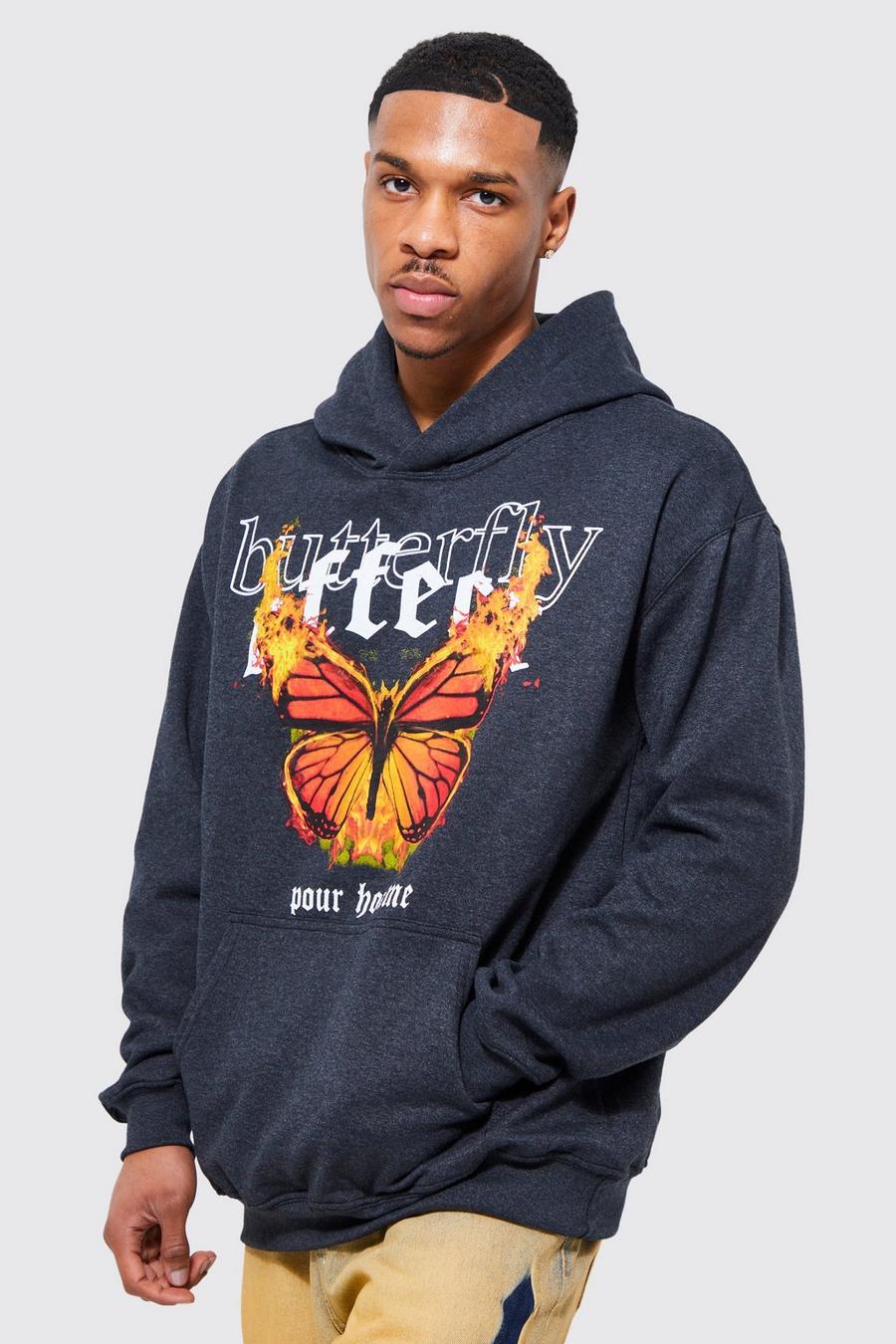 Charcoal grey Acid Wash Butterfly Graphic Hoodie
