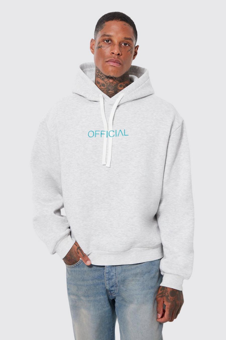 Oversized Boxy Embroidered Drawcord Hoodie, Grey marl grigio