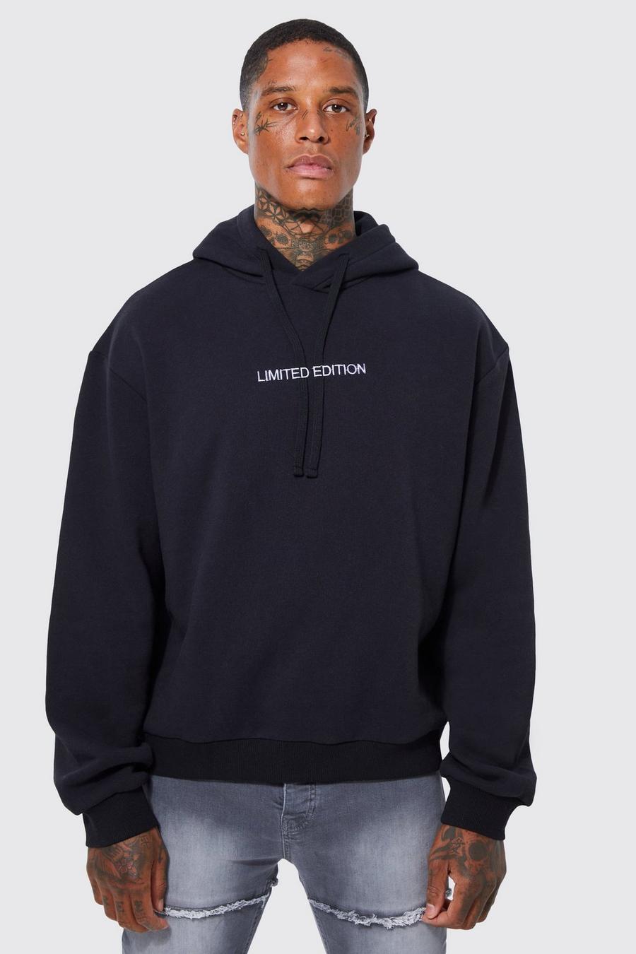 Black Oversized Boxy Embroidered Drawcord Hoodie image number 1