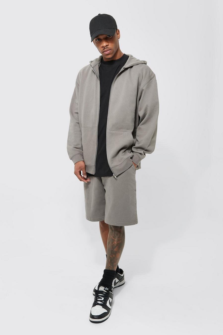 Charcoal gris Basic Zip Through Hooded Short Tracksuit