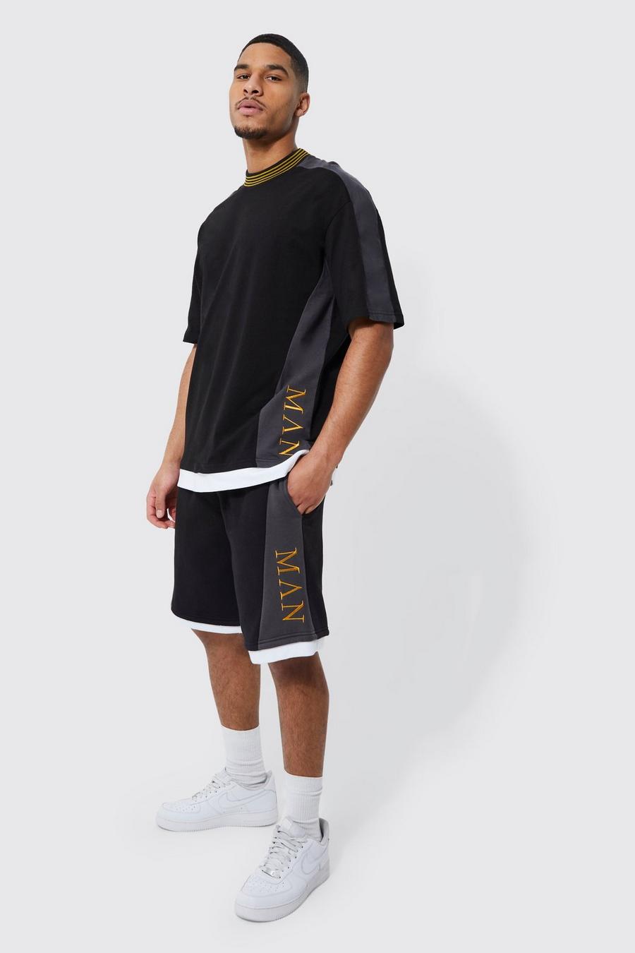 Tall Roman Man Faux Layer T-shirt Short Set, Black image number 1