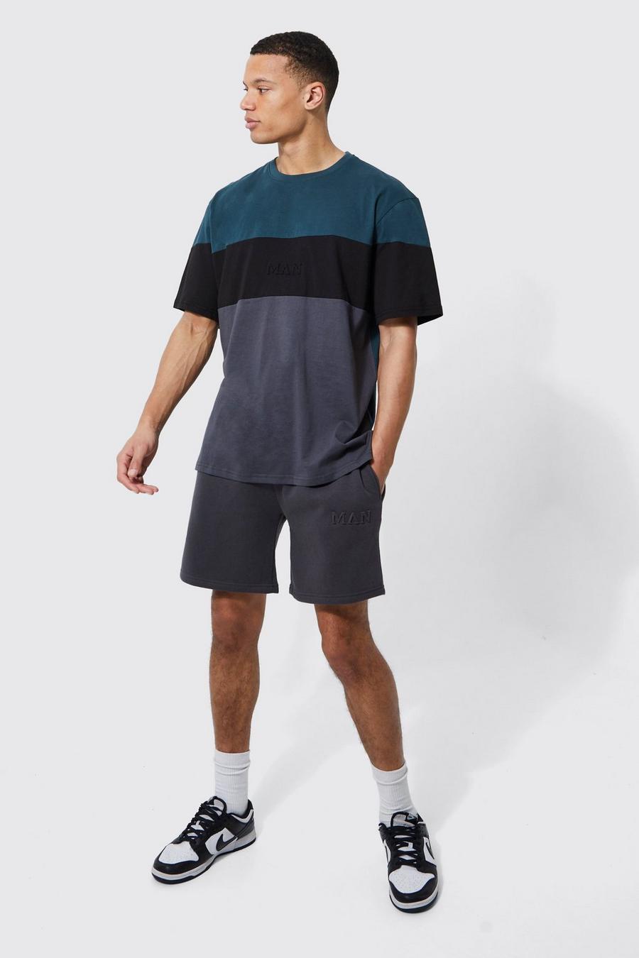 Dark grey Tall Roman Man Embossed T-shirt Short Set image number 1
