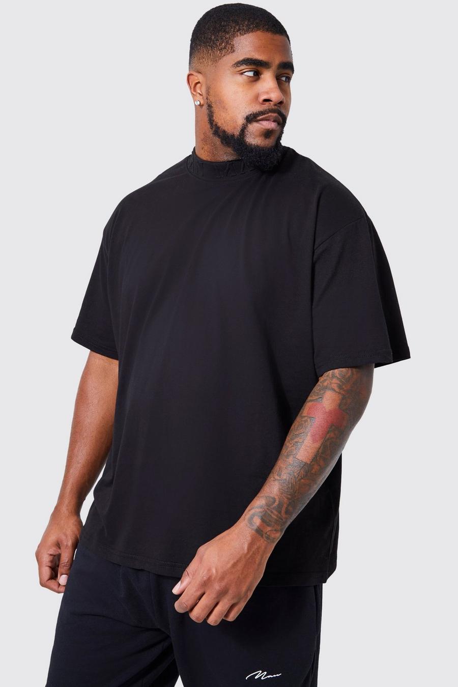 Black Plus Oversized Extended Neck Embossed T-shirt image number 1