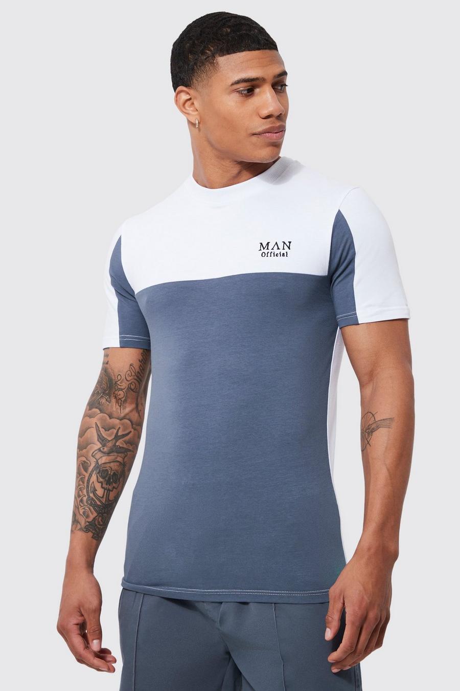 Slate blue Man Gold Muscle Fit Panelled T-shirt image number 1