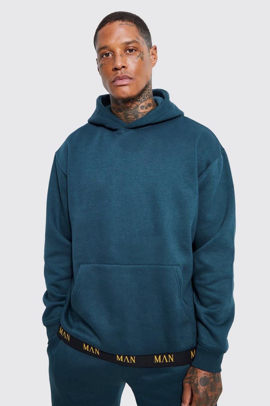 Man Oversized Gold Tape And Jacquard Hoodie, Teal green
