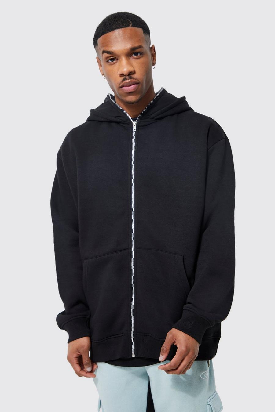 Oversized Double Hood With Full Zip Hoodie, Black negro