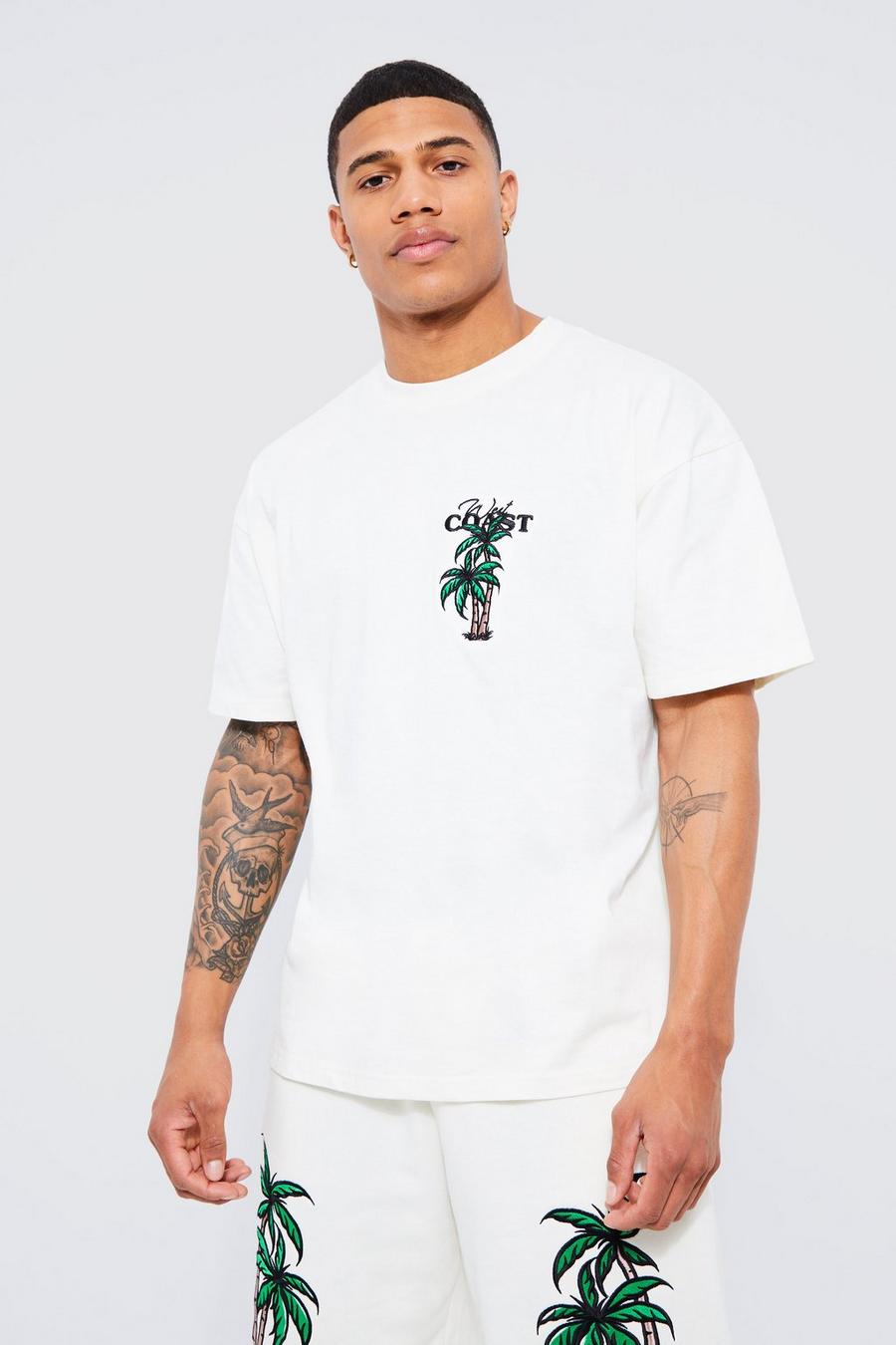 Ecru Oversized Embroidered Palm Tree T-shirt image number 1