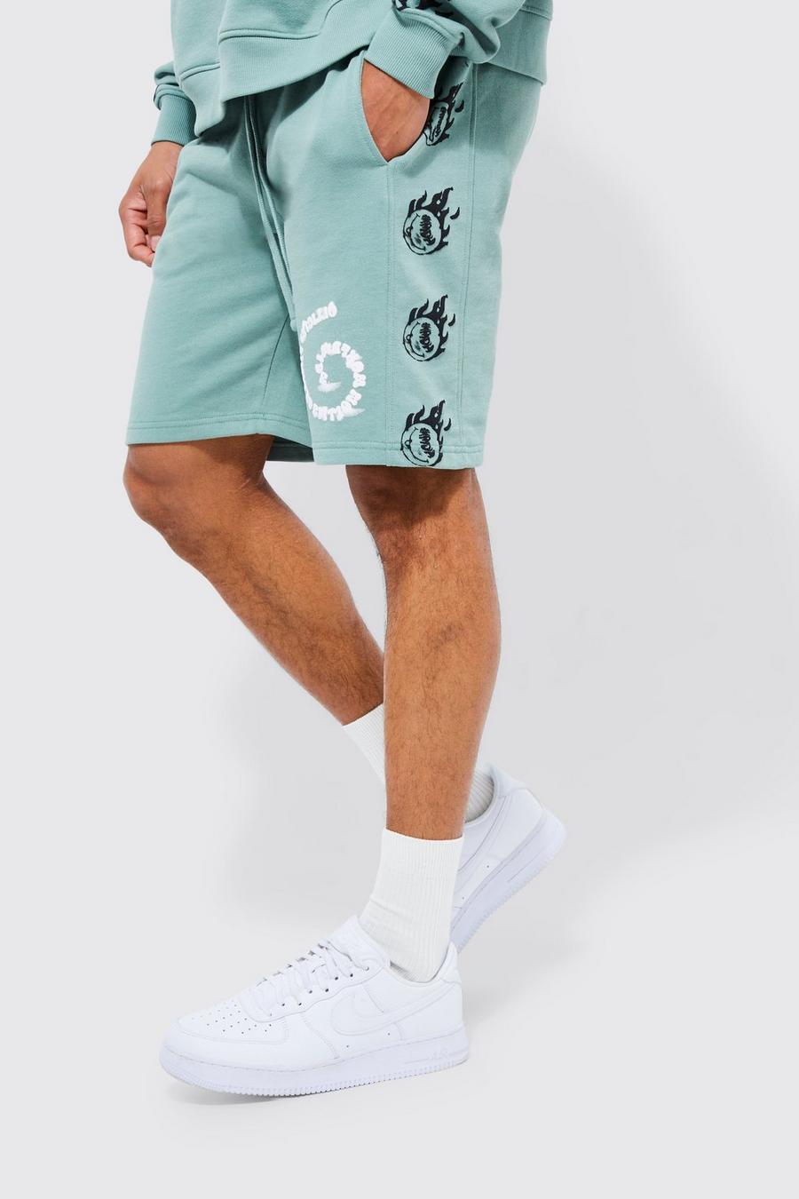 Sage grön Mellanlånga baggy shorts med tryck