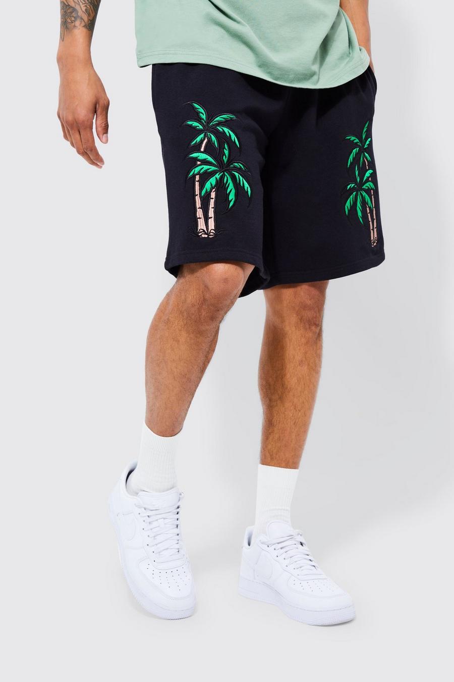 Black negro Oversized Mid Length Embroidered Palm Short