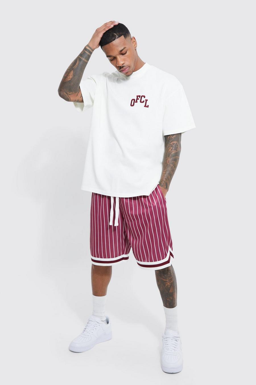 Burgundy rouge Oversized Ofcl Stripe T-shirt And Mesh Short Set