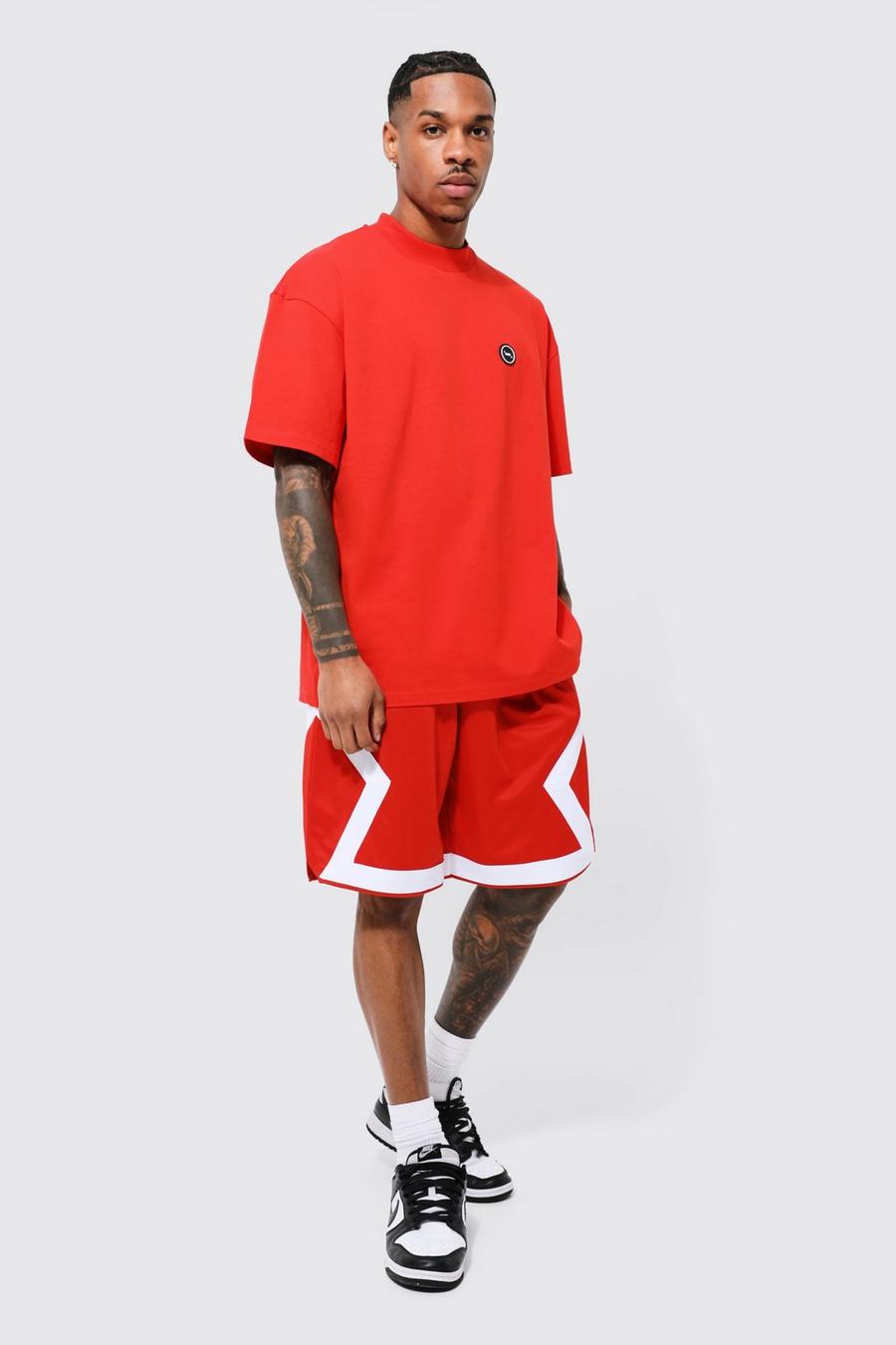 Oversized Man T-shirt And Mesh Short Set, Red rojo