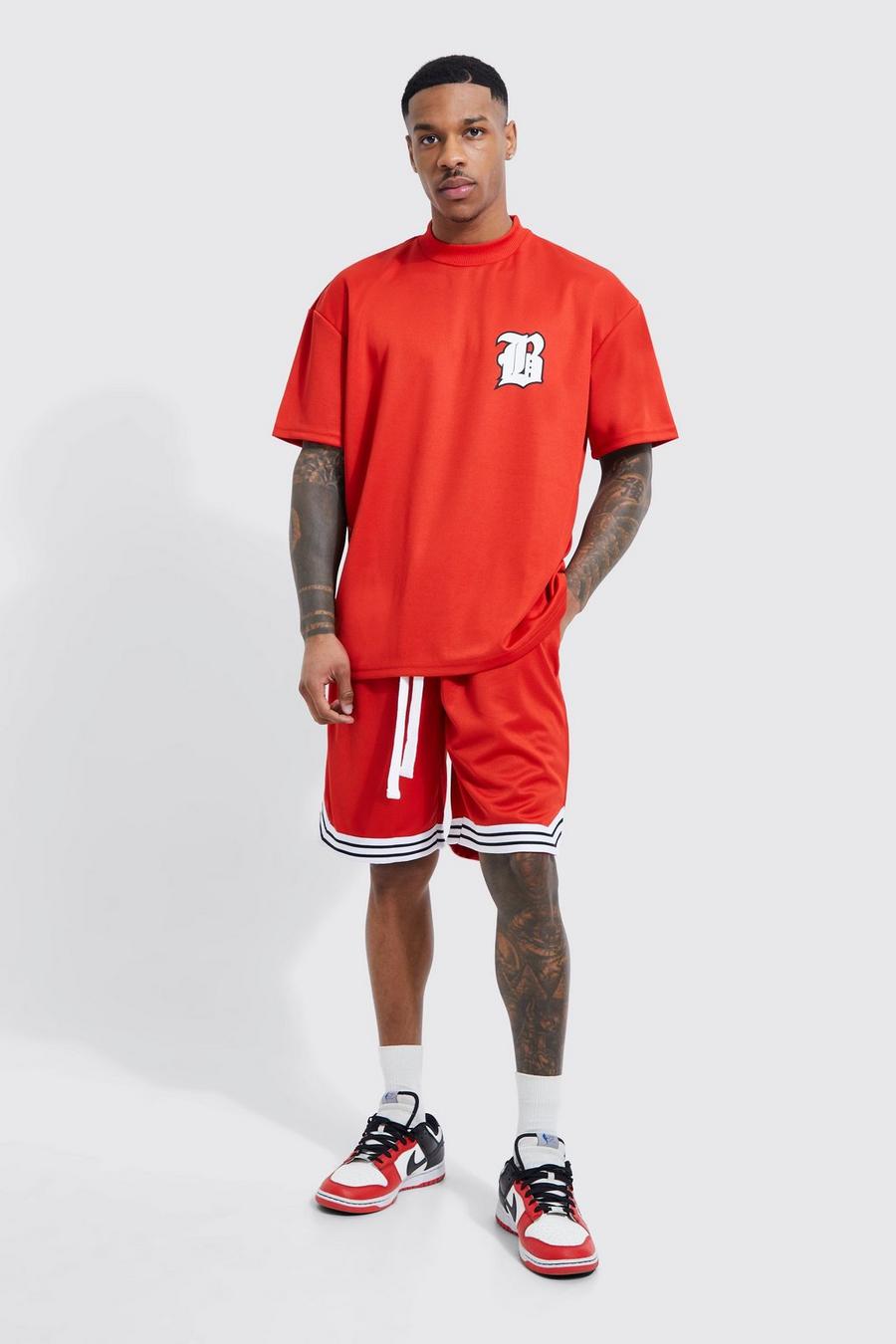 Oversized Mesh B T-shirt And Short Set, Red rosso image number 1