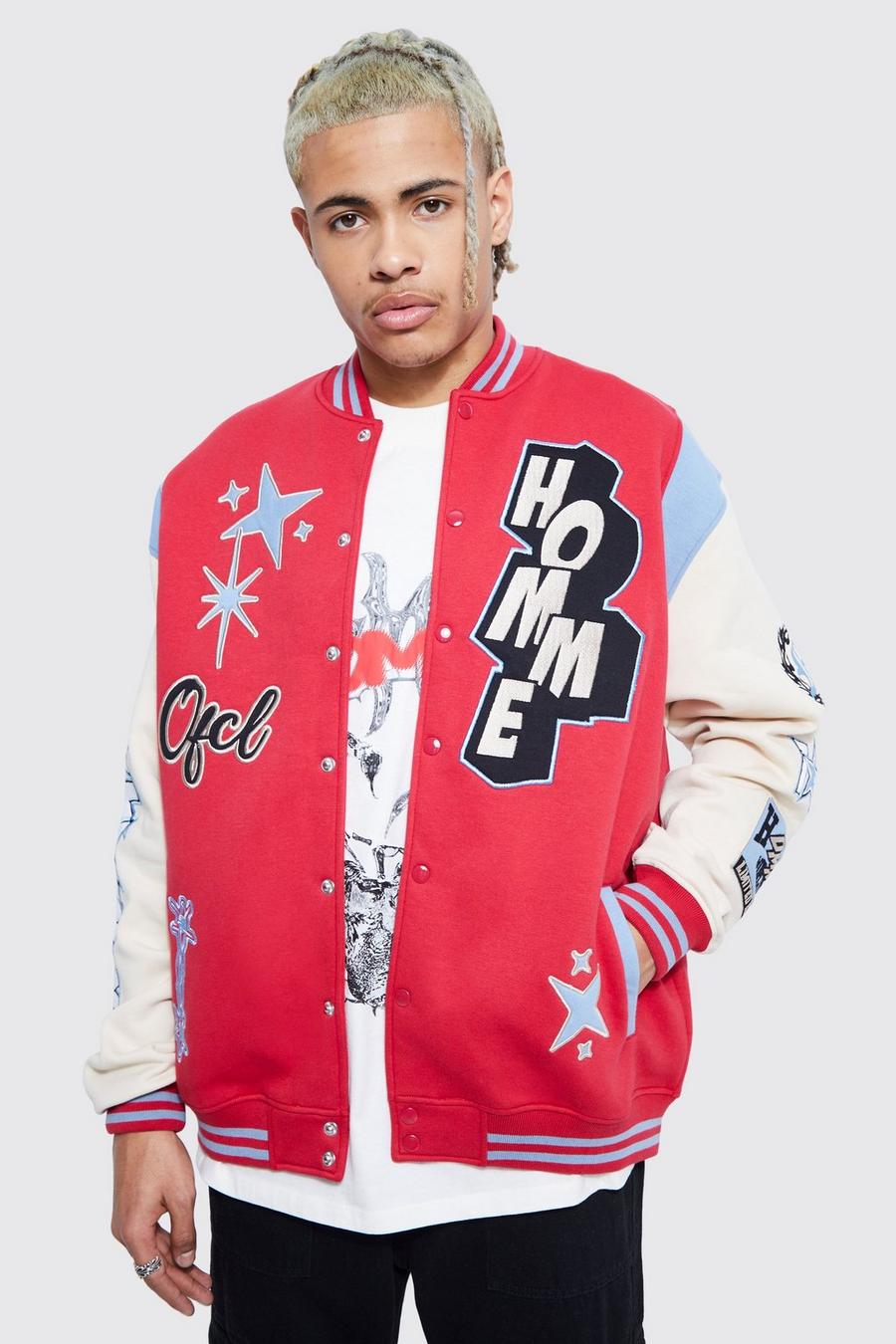Giacca Tall oversize Homme stile Varsity in jersey, Red image number 1