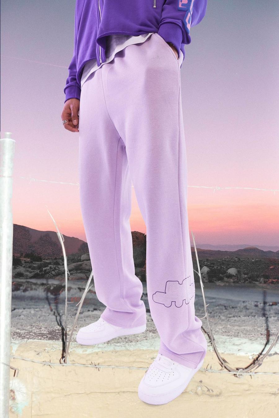 Pantaloni tuta Tall rilassati con grafica di strass, Lilac morado image number 1
