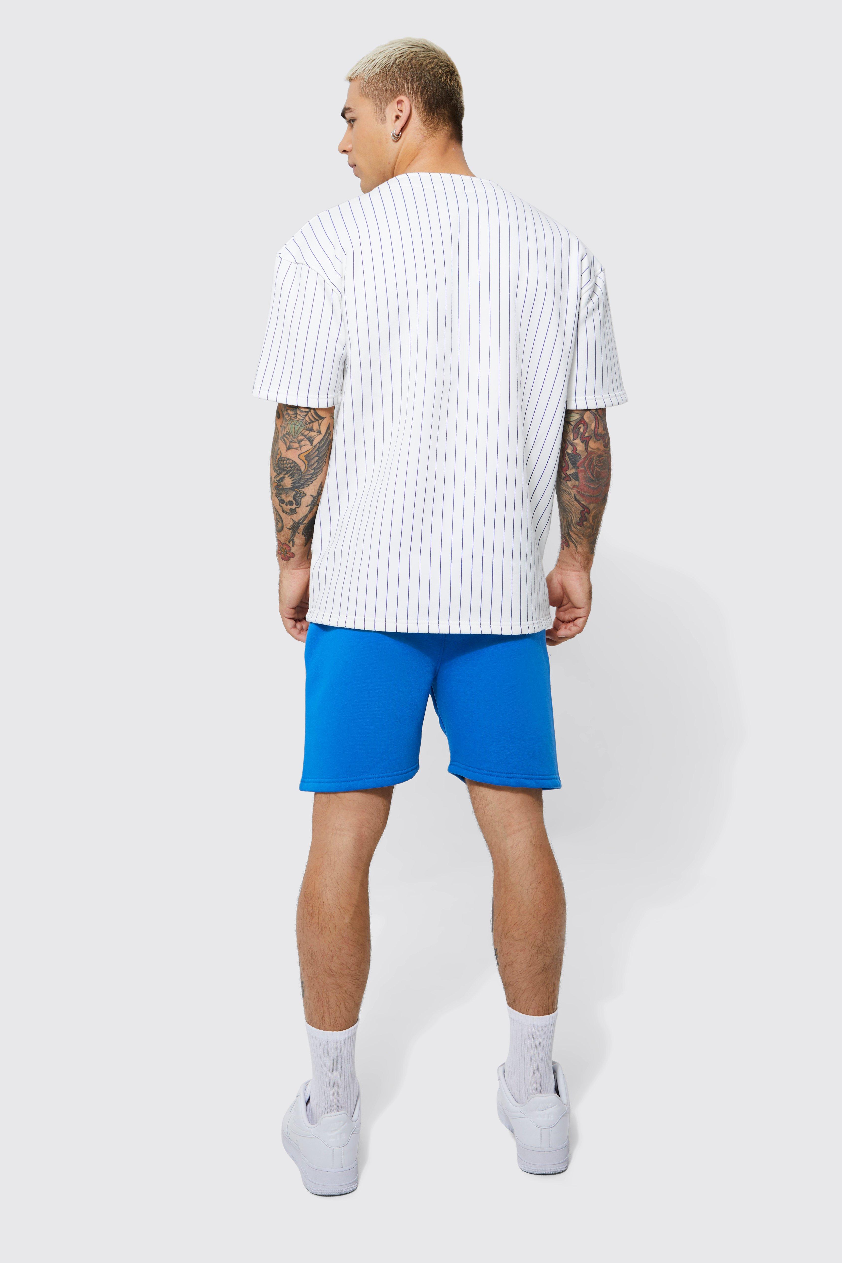 Oversized Homme Pinstripe Baseball Polo And Short Set