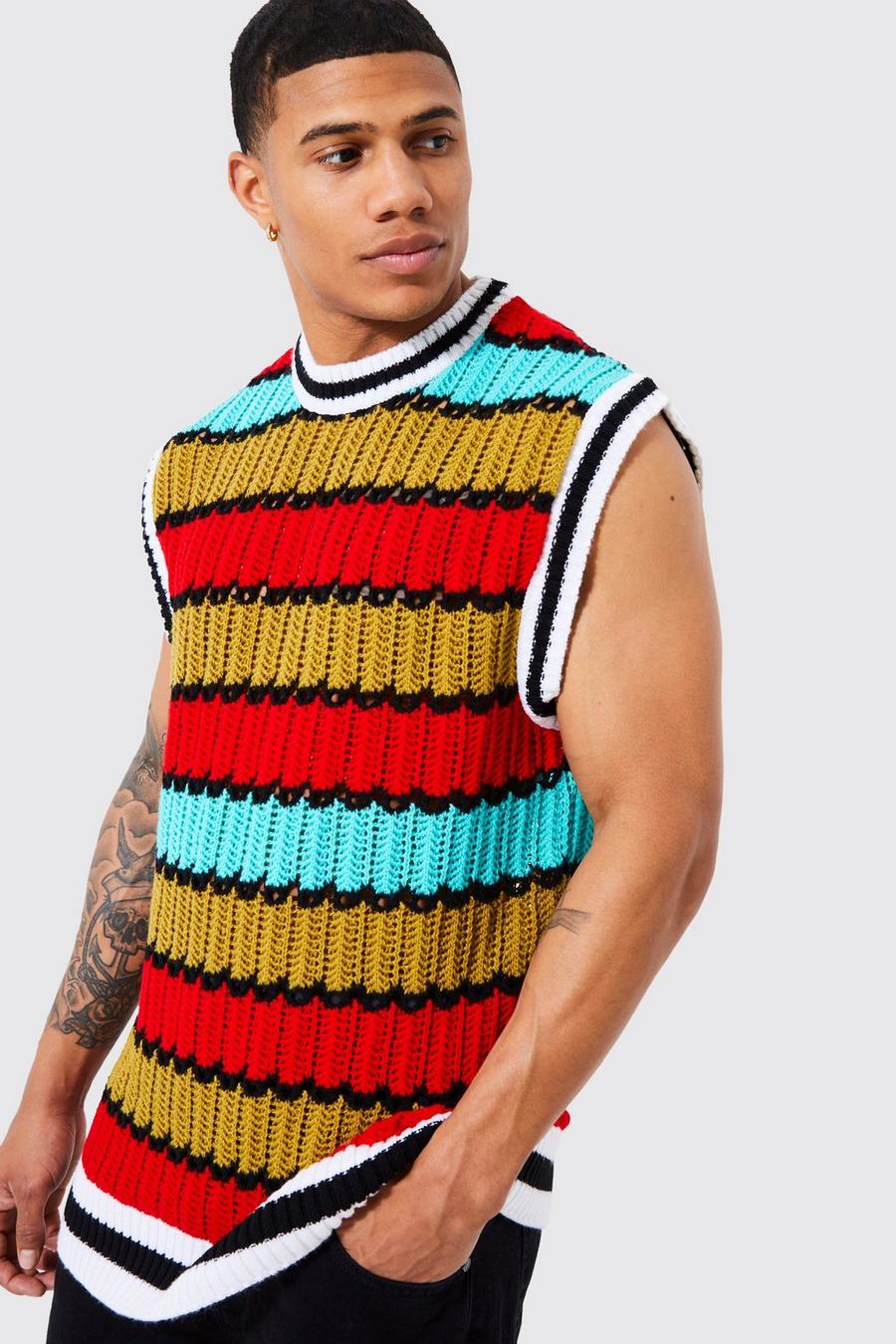 Red Oversized Crew Neck Knitted Crochet Vest image number 1