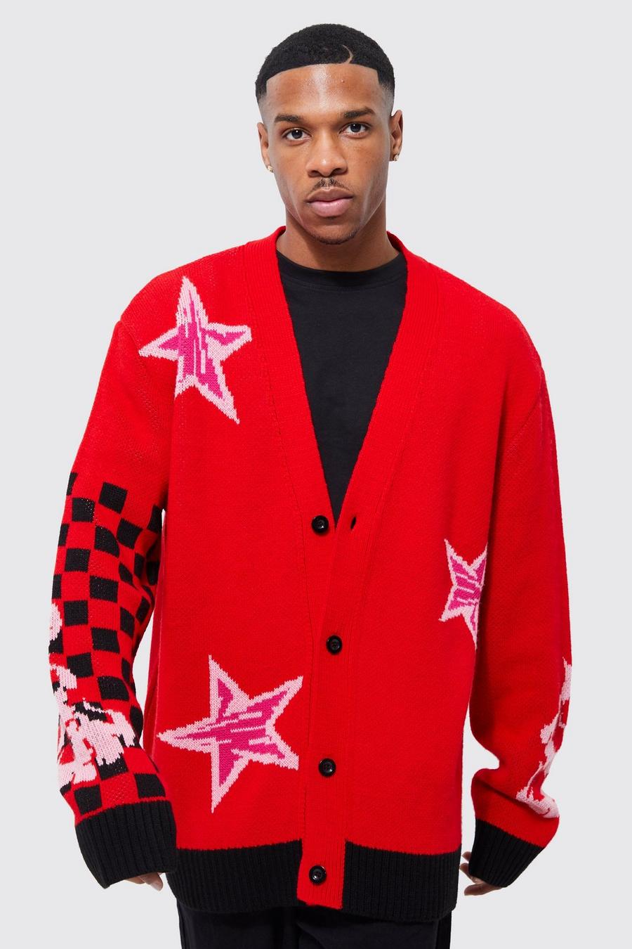 Red röd Star And Check Relaxed Fit Knitted Cardigan image number 1