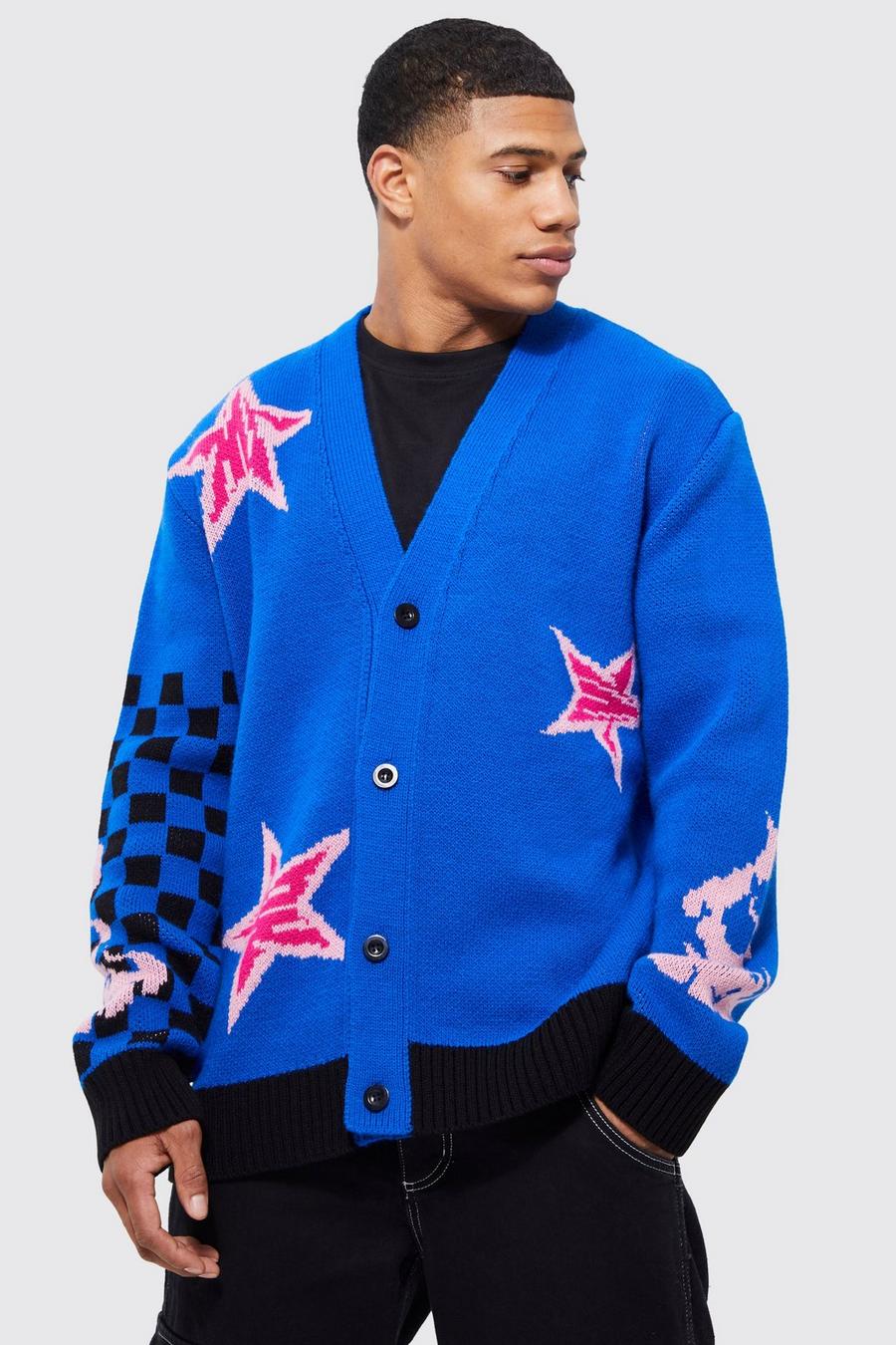 Cobalt blue Star And Check Relaxed Fit Knitted Cardigan image number 1