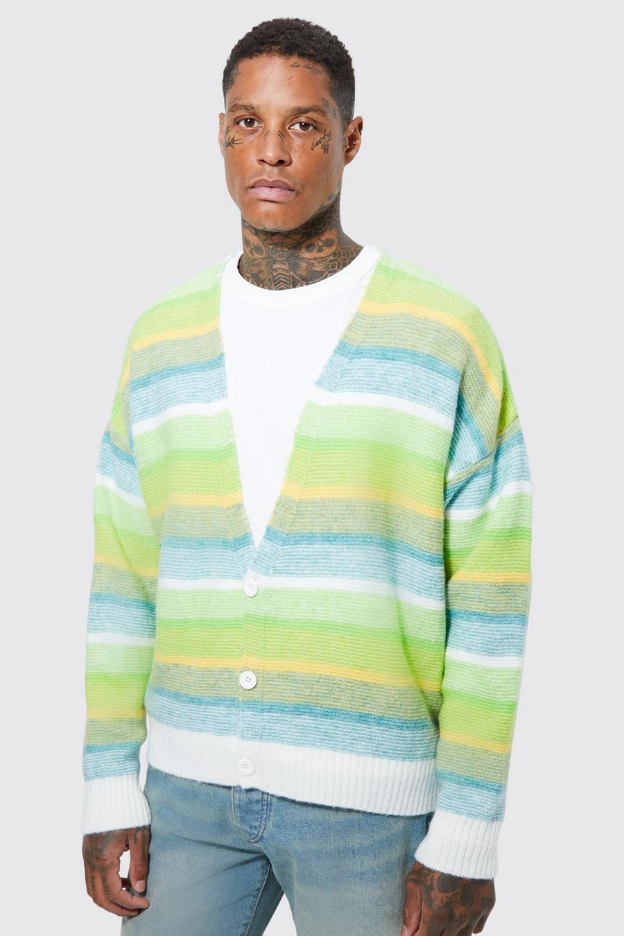 Green grön Boxy Drop Shoulder Ombre Knitted Cardigan image number 1