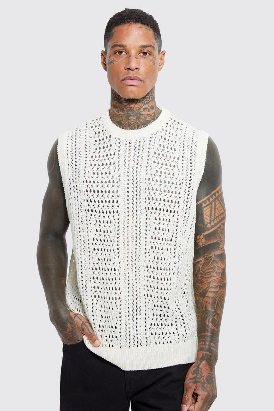 Ecru Knitted Oversized Crew Neck Textured Vest image number 1