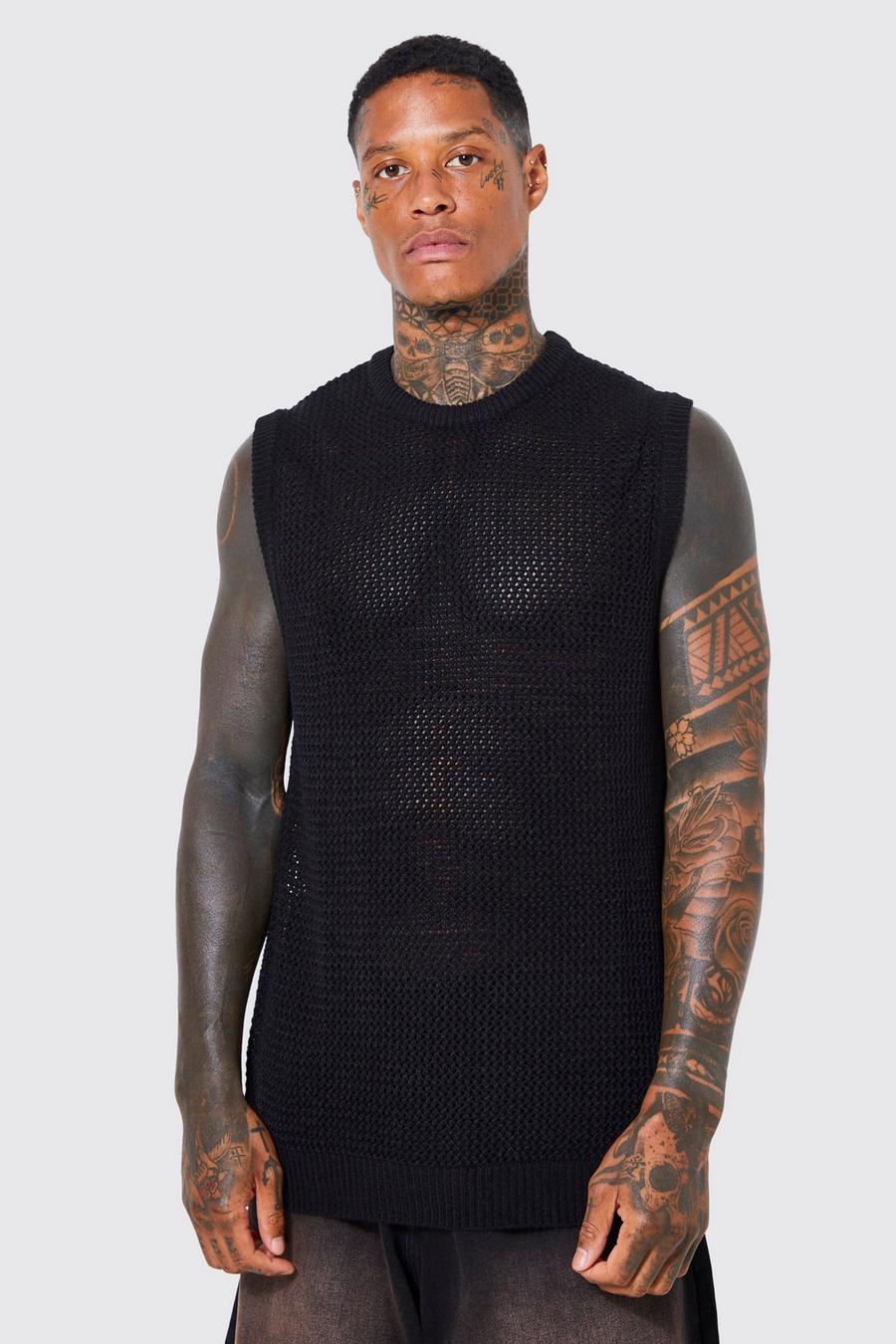 Black Knitted Oversized Crew Neck Mesh Vest image number 1