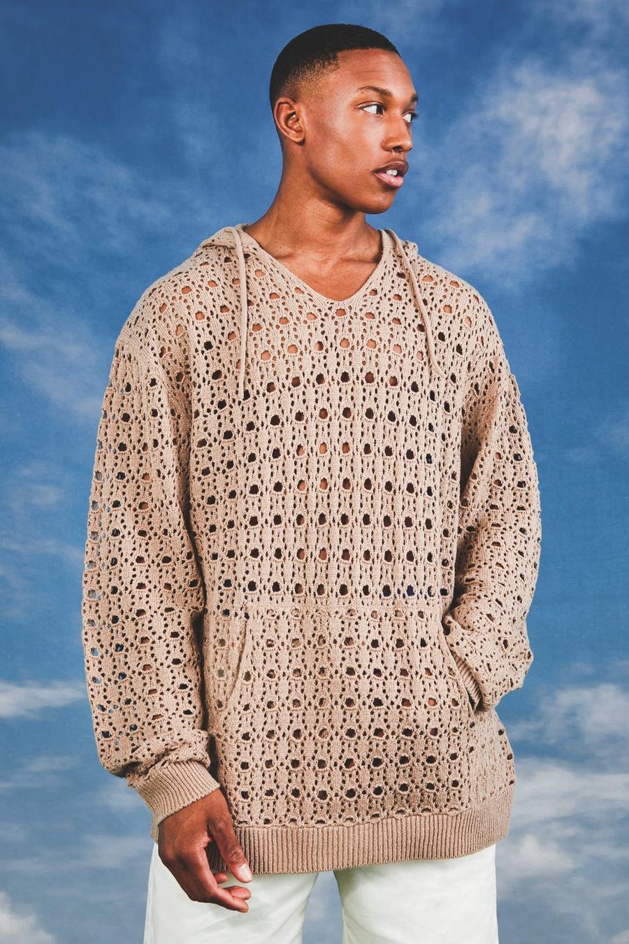 Taupe beige Knitted Oversized Open V Neck Hoodie