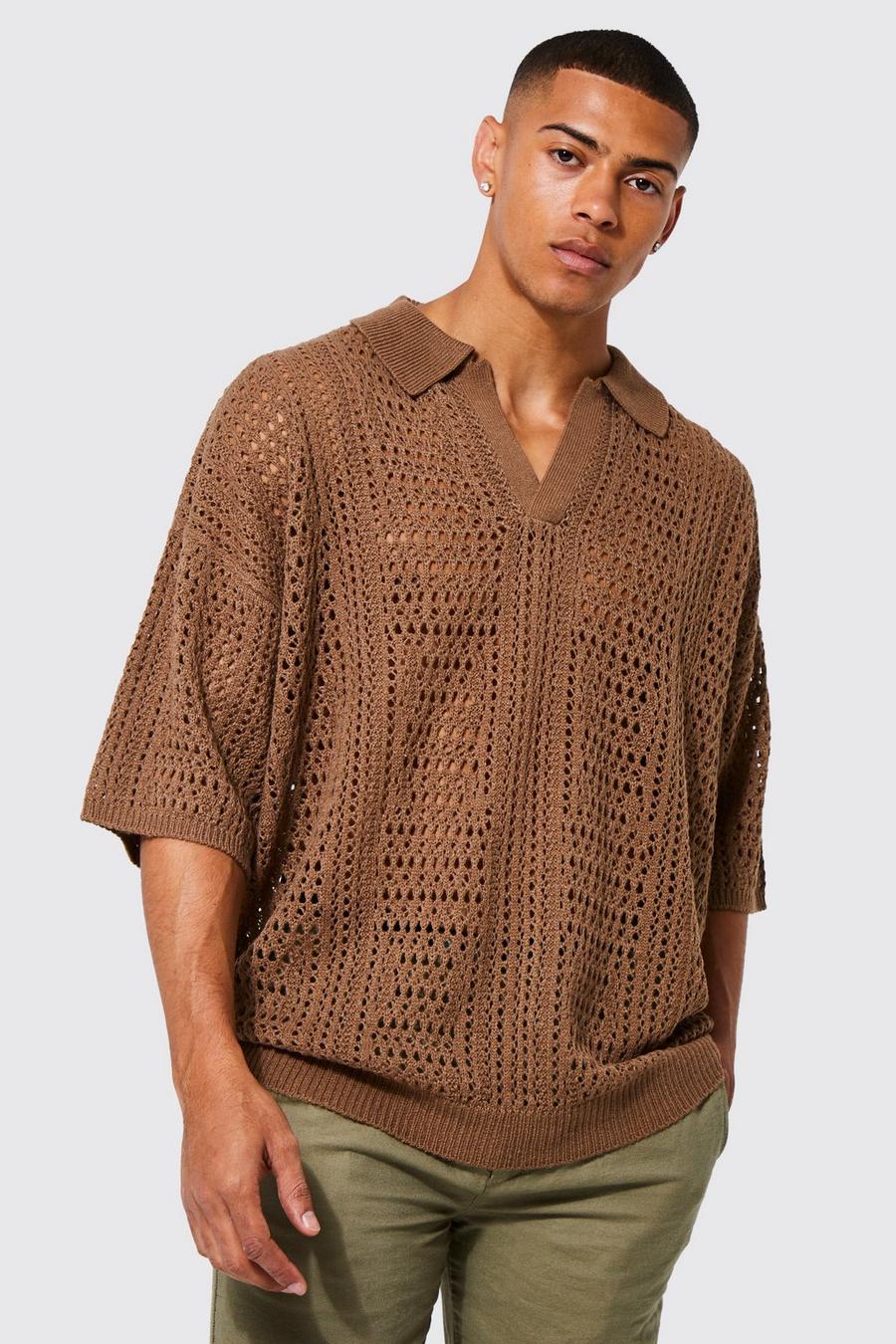 Brown Knitted Drop Shoulder Oversized Texture Open Polo