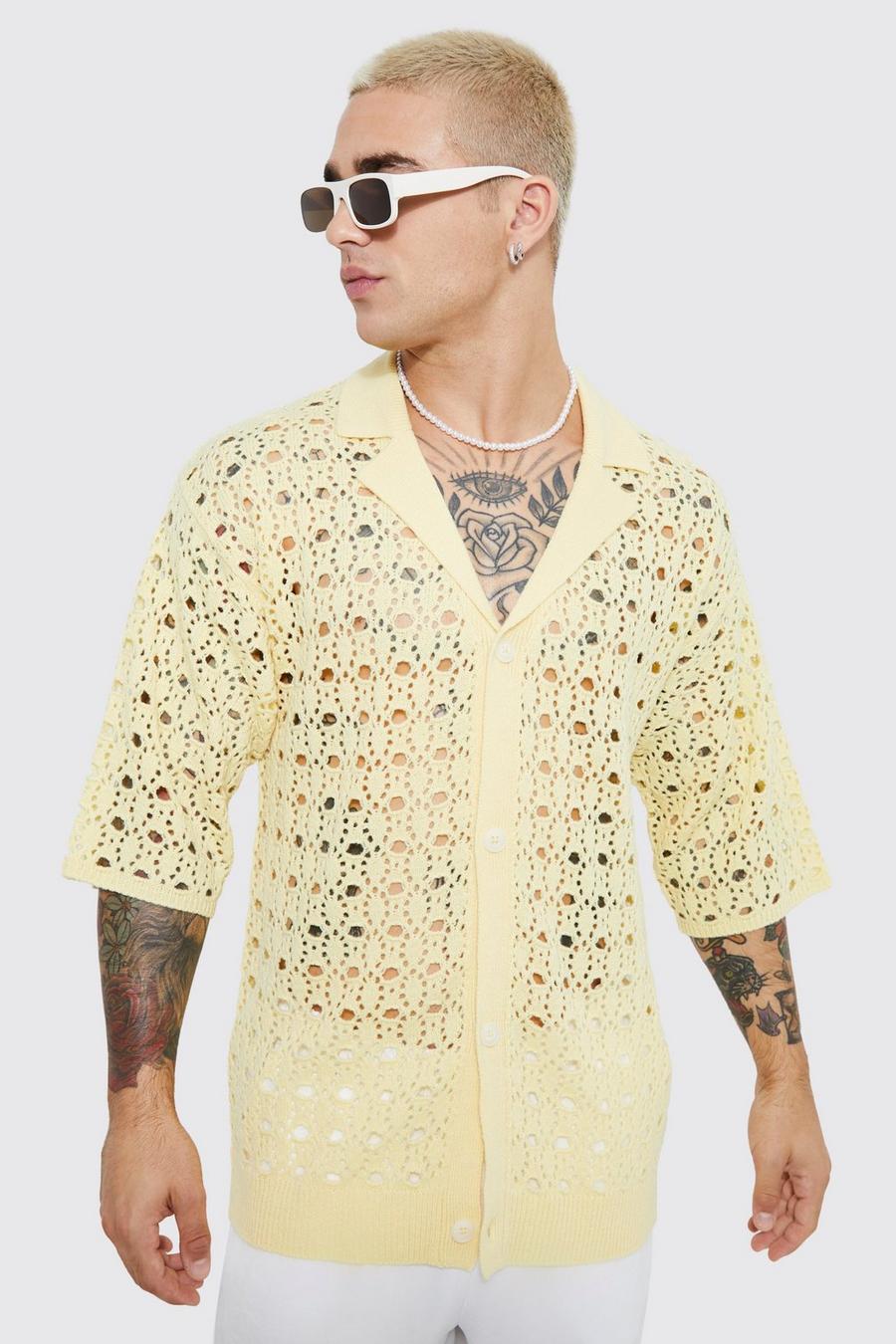 Yellow Knitted Dropped Revere Hole Detail Shirt