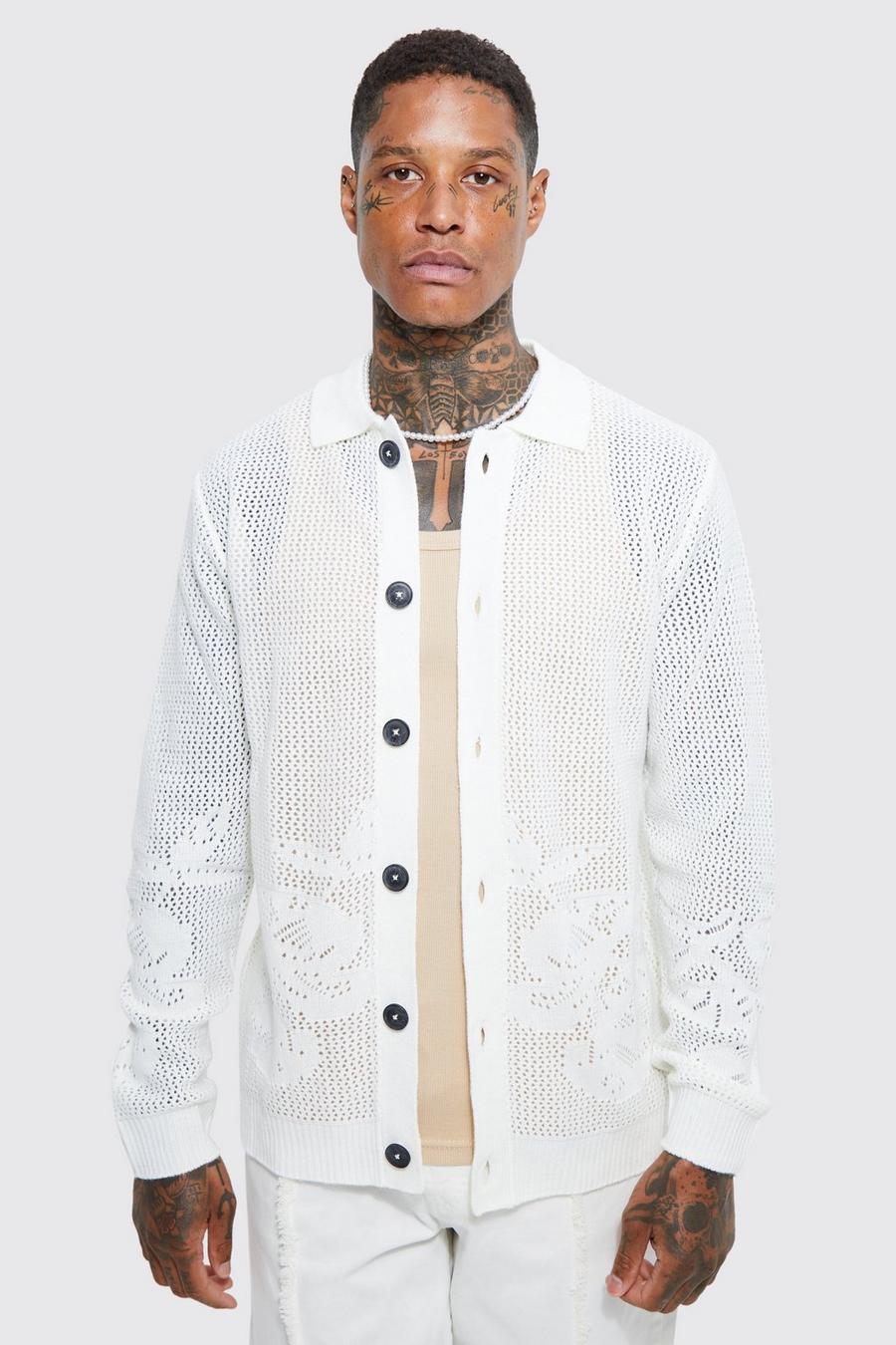 Ecru white Knitted Long Sleeve Artwork Mesh Shirt