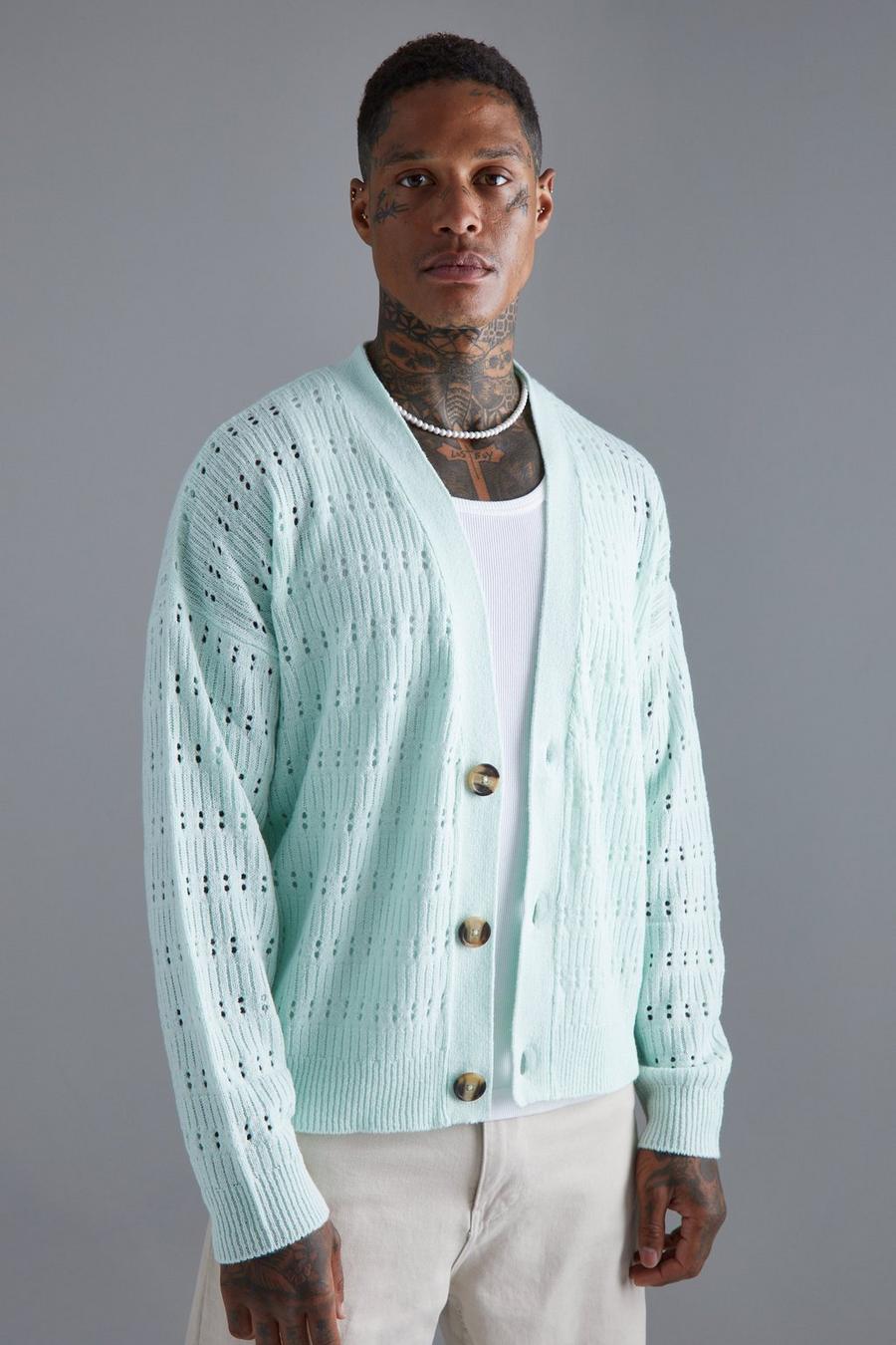 Mint verde Knitted Open Stitch Dropped Shoulder Cardigan