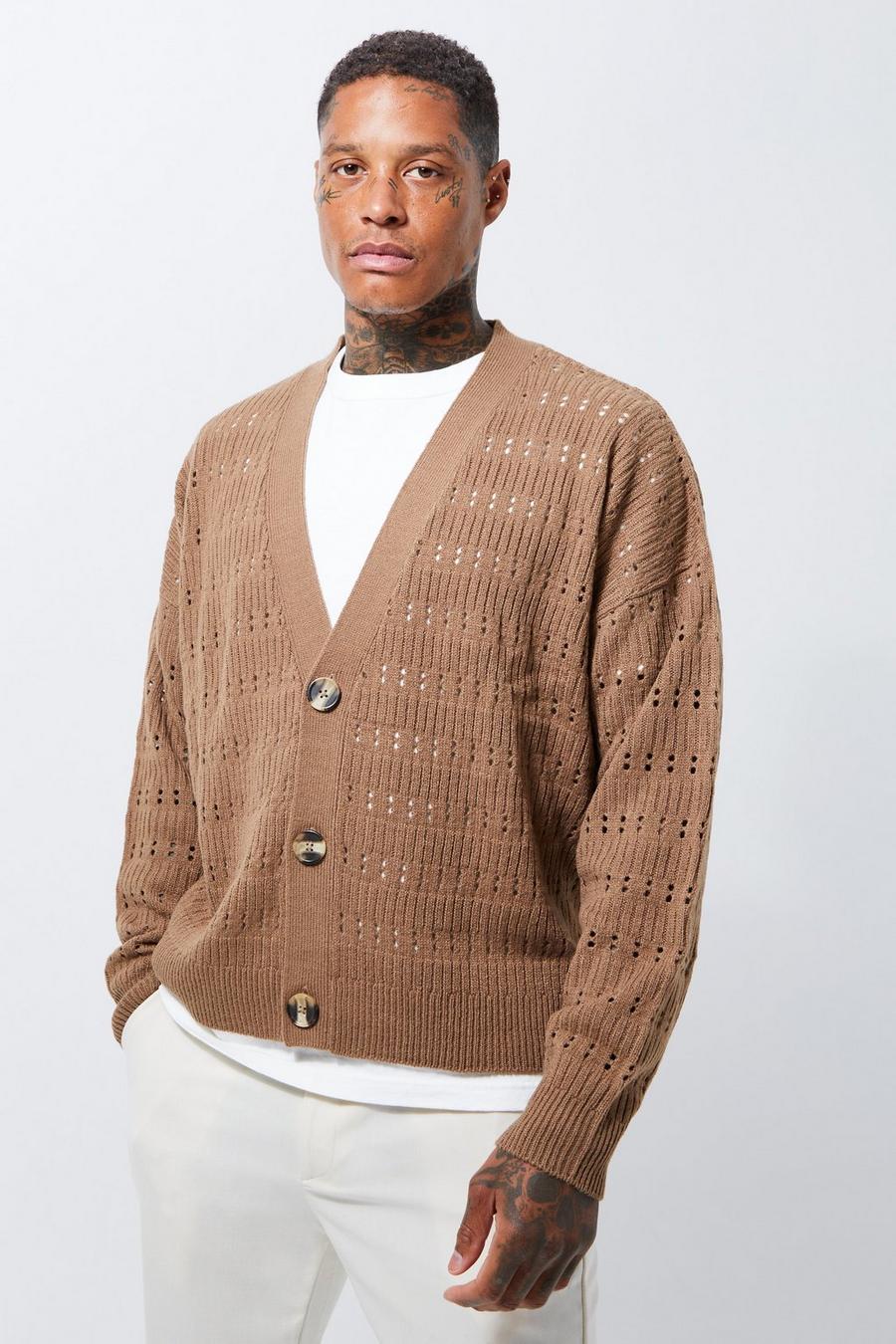 Brown Knitted Open Stitch Dropped Shoulder Cardigan image number 1