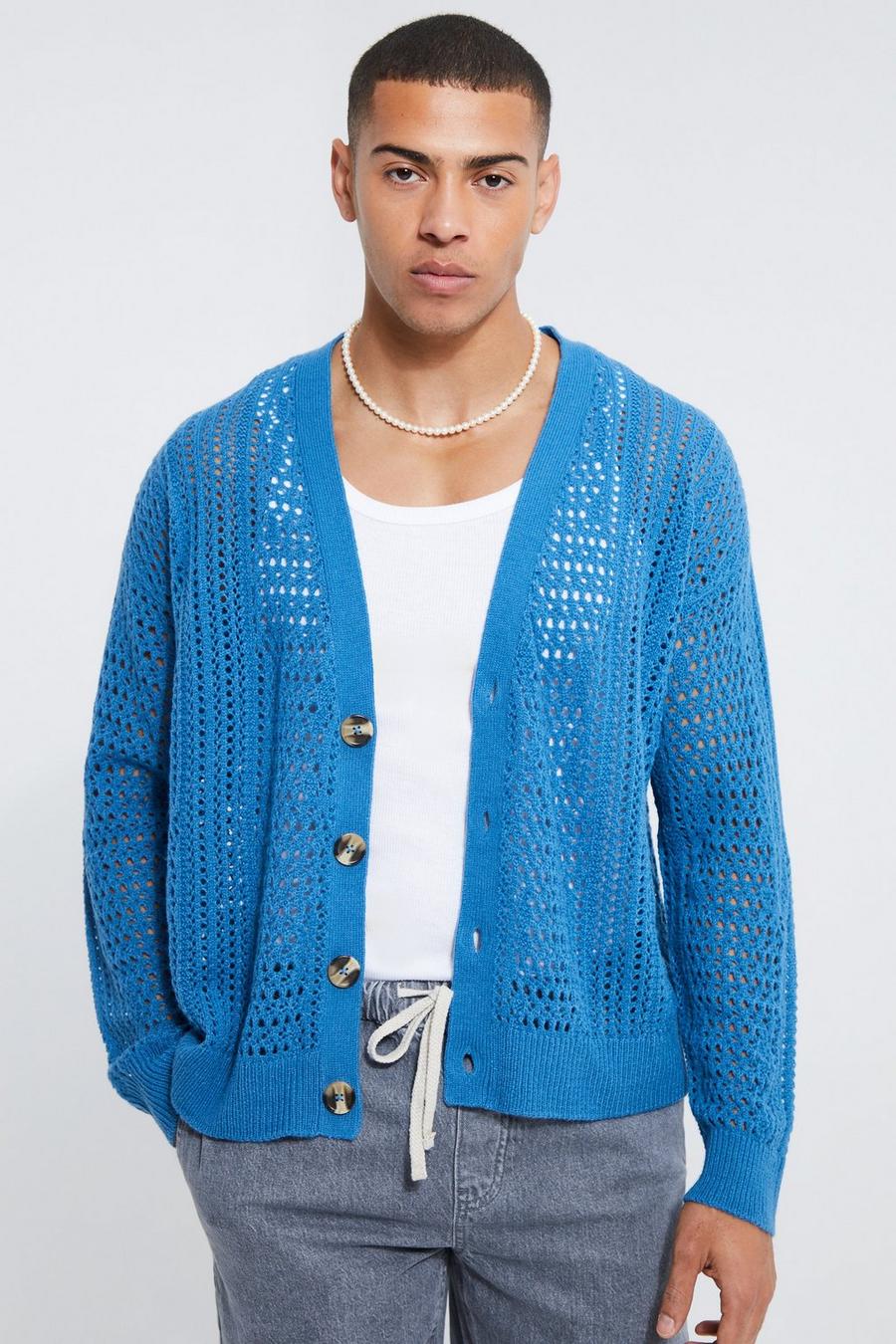 Teal Knitted Dropped Shoulder Boxy Texture Cardigan image number 1